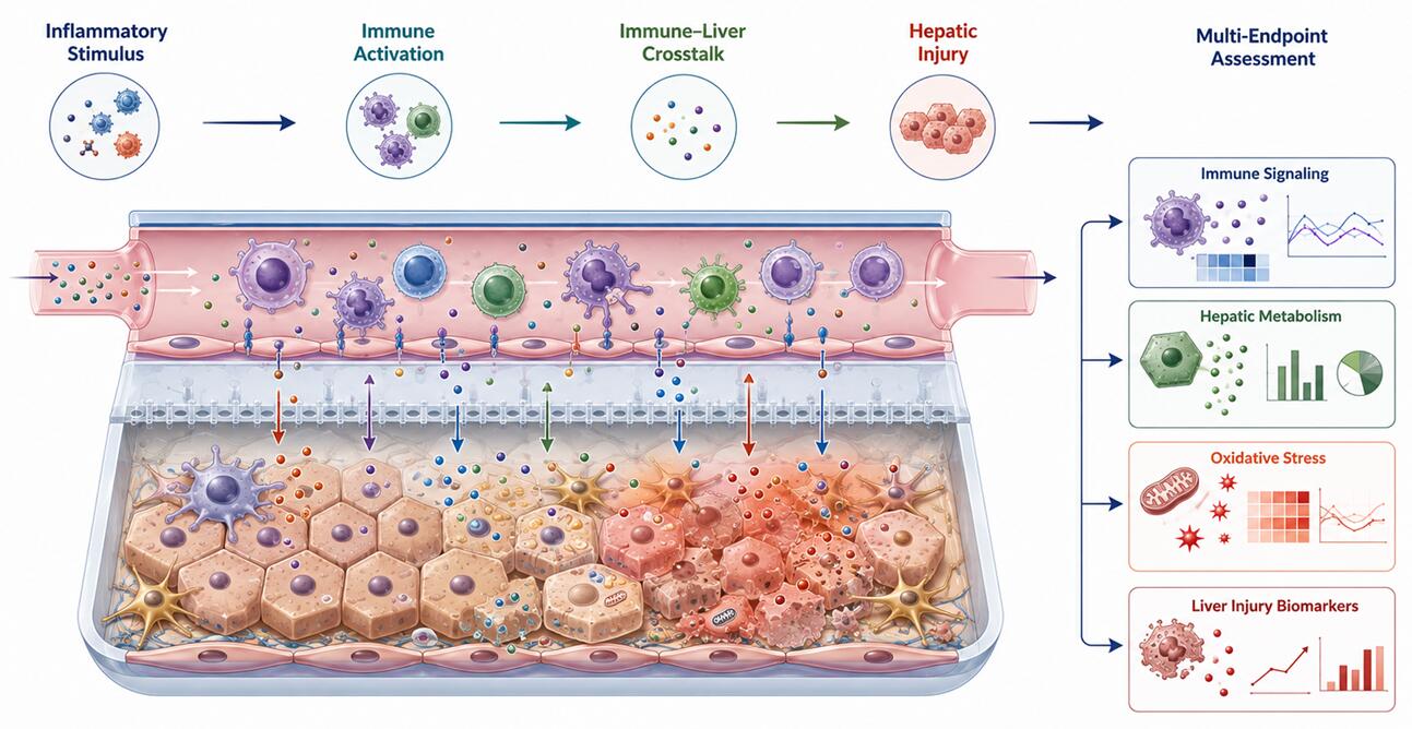 Schematic design of a custom immune-liver-on-a-chip platform