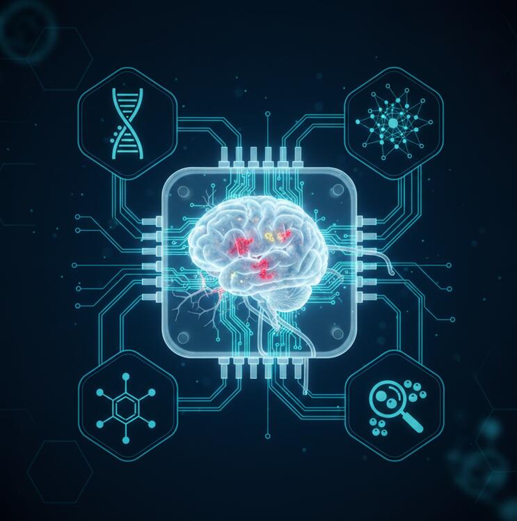 3D illustration showing a brain organoid with neurons and glial cells, connected to a microfluidic chip modeling the blood-brain barrier